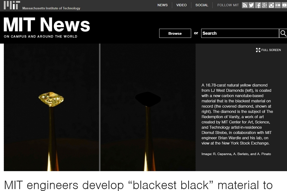 麻省理工學院（MIT）與藝術家共同創作《虛榮的救贖》，黑不見底的黃色鑽石，無光影而消失在虛無之中。（取自麻省理工學院的新聞網站）