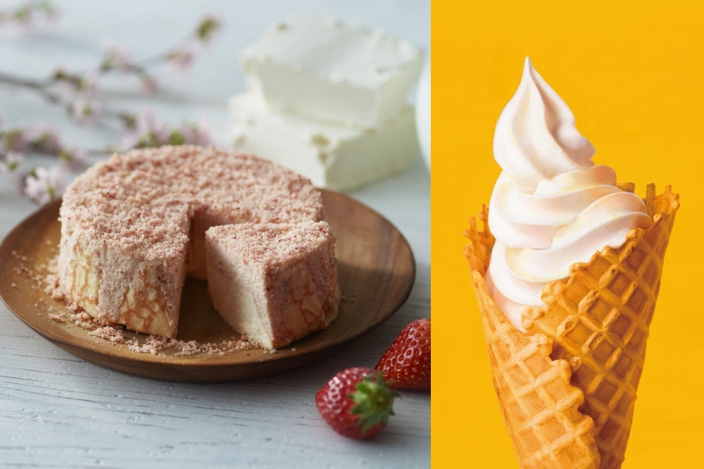 左起：草莓牛奶起司蛋糕、起司霜淇淋。（東京牛奶起司工房 提供）