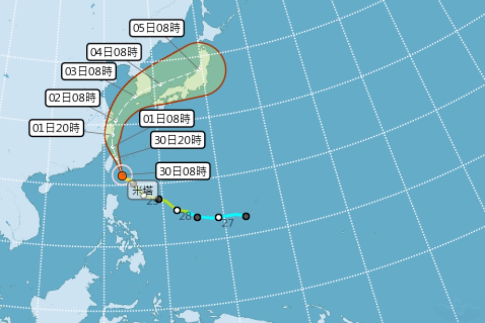 中颱米塔在清晨時強度又略為增強，路徑有再往台灣陸地接近的可能，越晚受到颱風的影響越大。（取自中央氣象局）