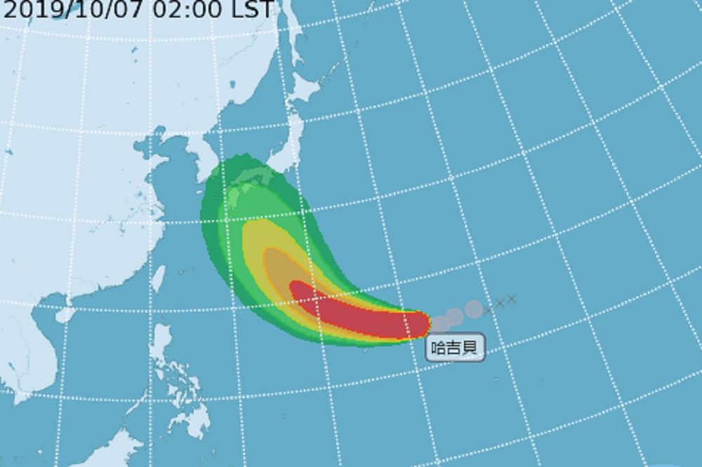 輕度颱風「哈吉貝」，預估威力將持續增強，有可能轉為強颱，短時間內對台灣的天氣沒有影響。（取自中央氣象局）