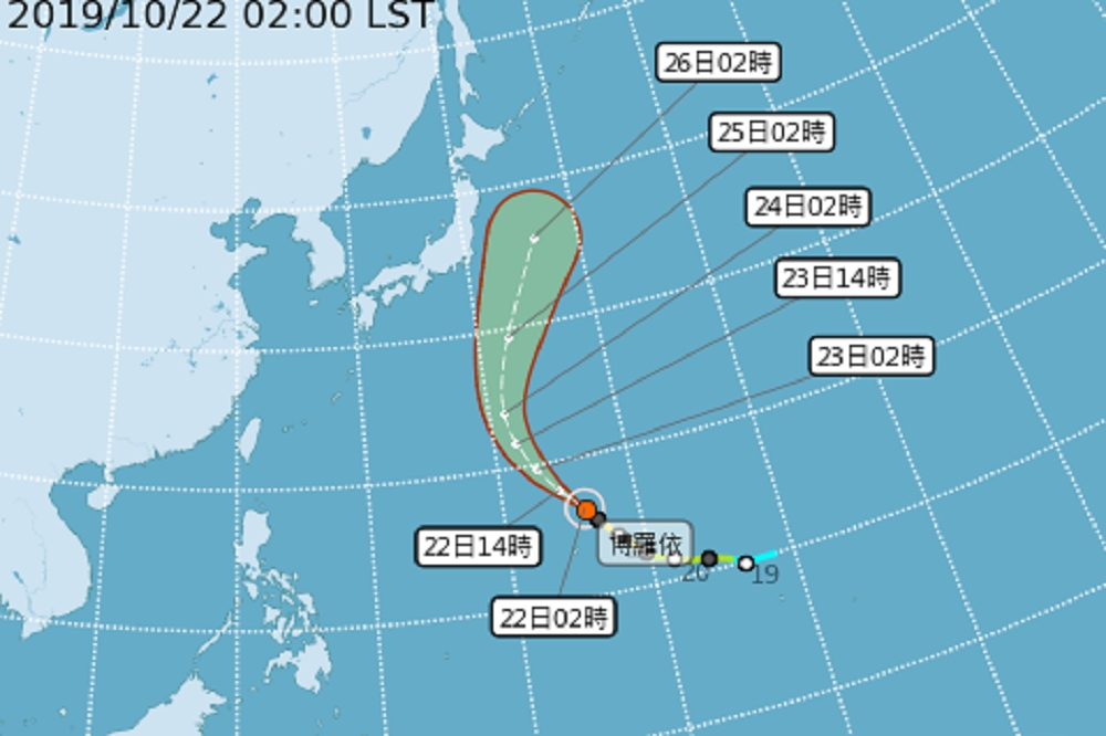 中度颱風「博羅依」中心位置位於鵝鑾鼻東南東方的海面上，預計仍以西北轉北的方向前進，對台灣沒有影響。（取自中央氣象局）