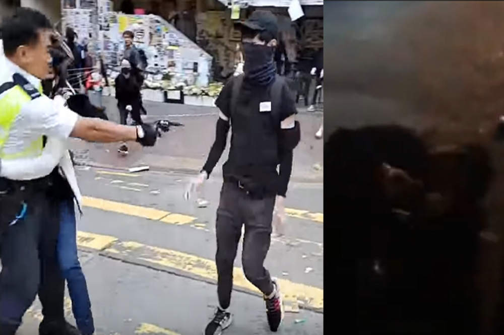 被港警搶擊的男生情況轉穩定，港律政司司長(右）外訪倫敦被圍堵時跌倒。（Chole Leung's Facebook ＆ 丘品創作影片截圖）