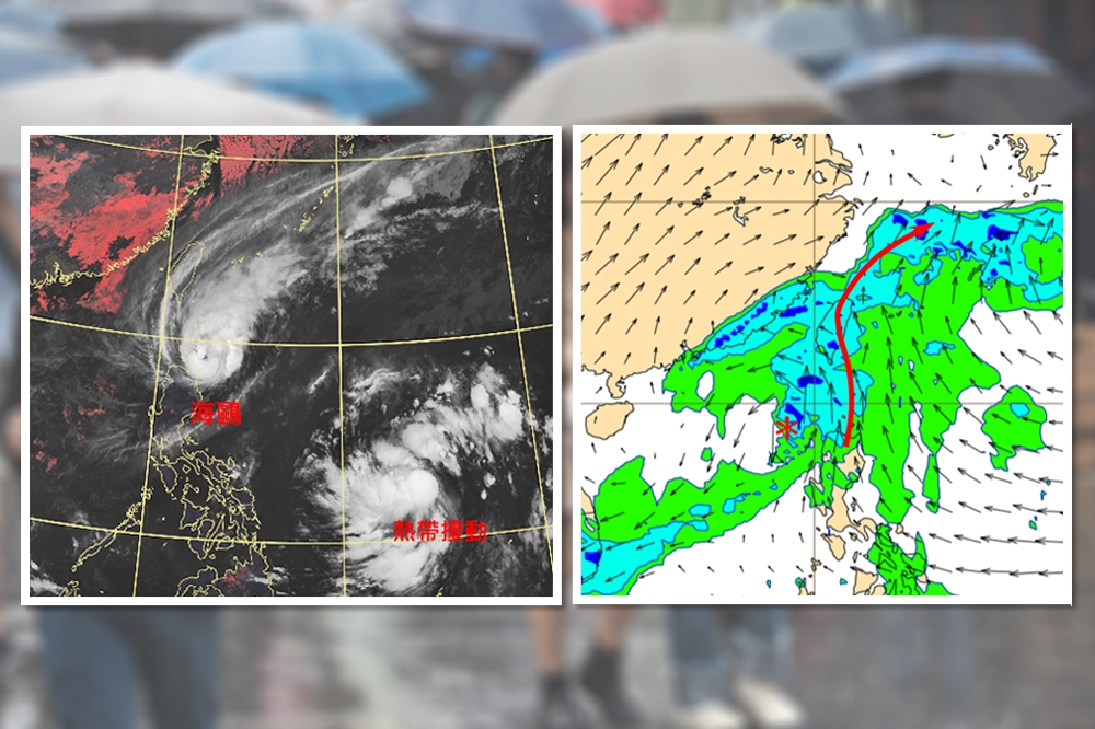 吳德榮指出，19日清晨4點真實色衛星雲圖顯示，菲律賓東方海面的熱帶擾動正在發展(左圖)。最新(18日20時)歐洲模式模擬22日20時天氣圖(右圖)顯示，其輸送中層水氣繼續通過台灣上空。（取自「三立準氣象·老大洩天機」專欄）