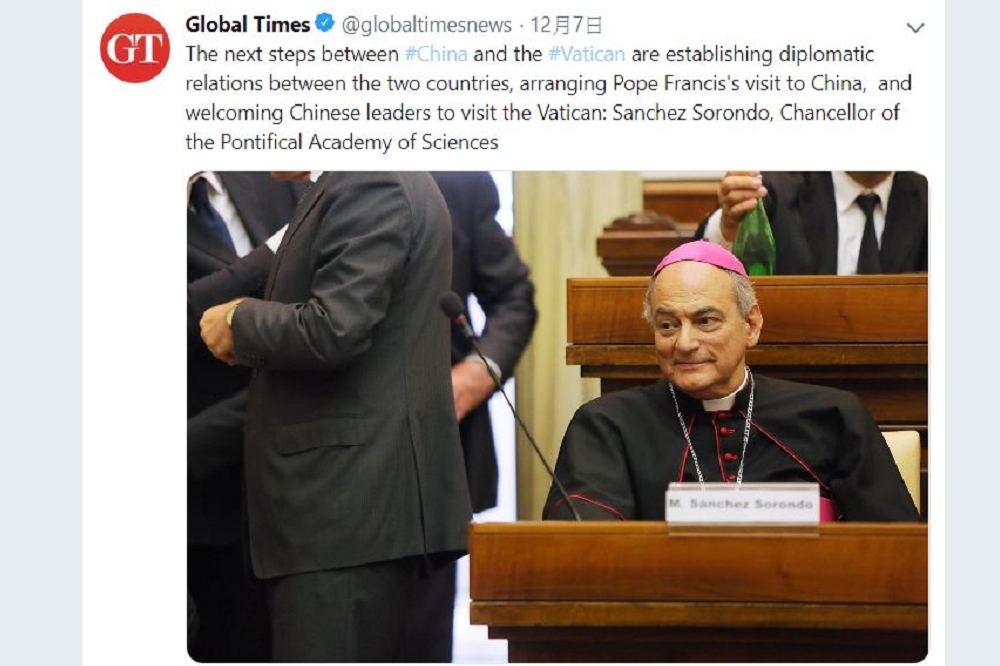 中國官媒《環球時報》7日在推特發文，宣稱中梵下一步將建立外交關係，外交部呼籲，中梵臨時協議能符合其初衷，促使中國邁向民主自由。（取自環球時報推特）