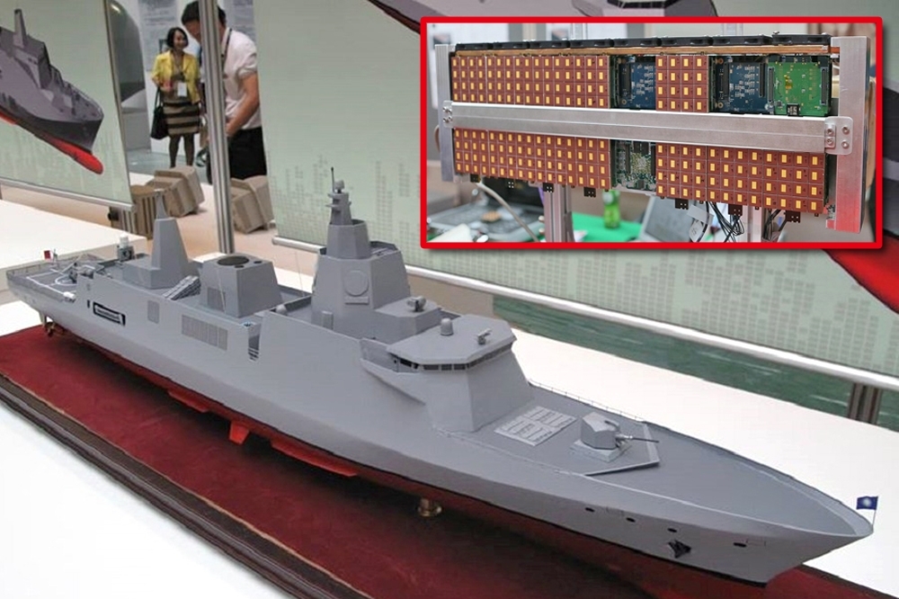 中科院打算向歐美尋求相列雷達縮小減重技術，計劃2020年下半年，將AESA主動式相列雷達裝在高雄測試艦上進行測試，達到海軍對艦載相列雷達要同時追瞄多個高速目標的作戰需求。圖為「新一代飛彈巡防艦」模型。（攝影：朱明）