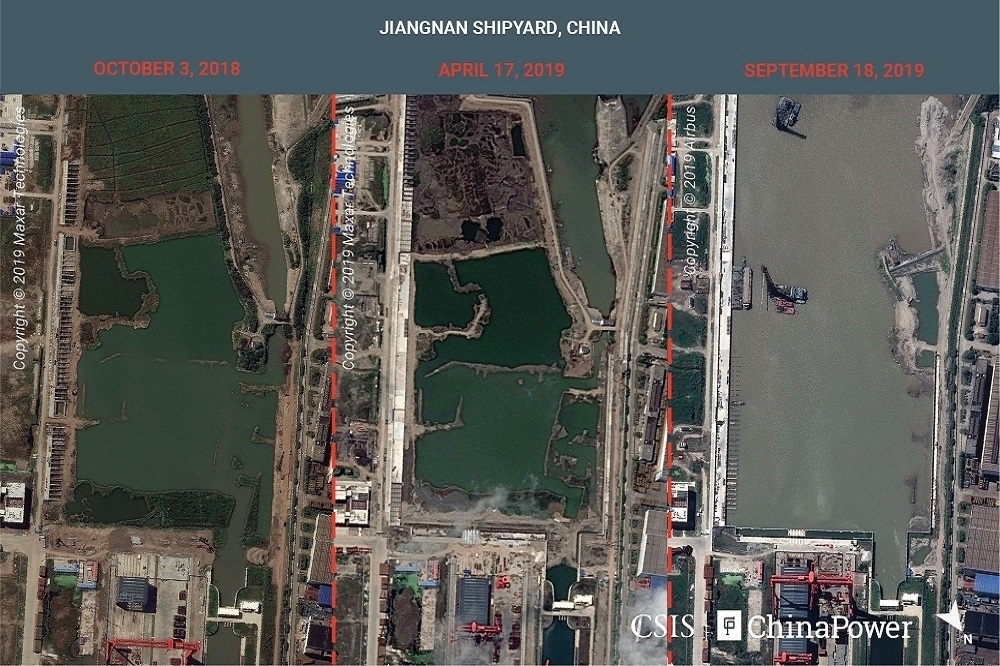 美國智庫以高清衛星圖像拍下中國的航空母艦建造廠。（湯森路透）