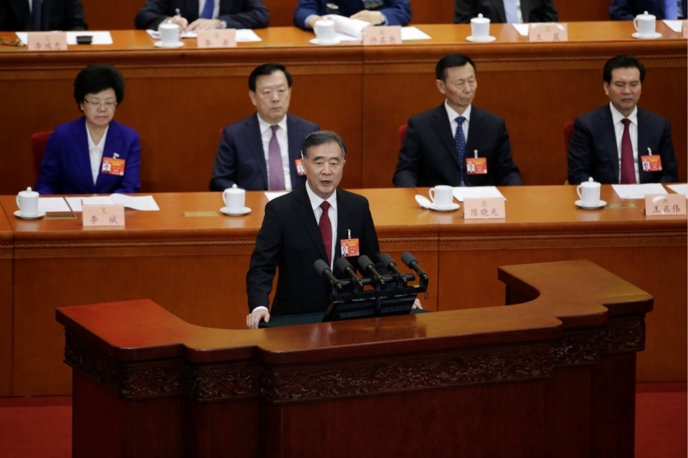 中國中央對台工作小組副組長、全國政協主席汪洋（講台後）。（湯森路透）