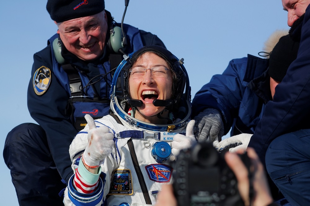 現年41歲的科克於2019年3月14日啟程前往國際太空站，328天後重返地球。（湯森路透）