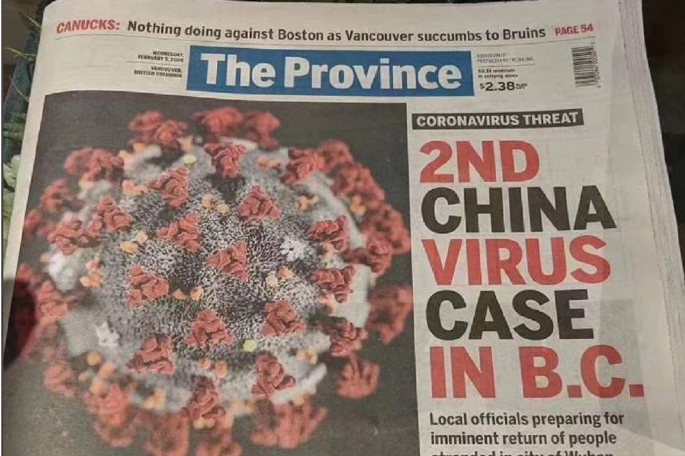 加拿大卑詩省《省報》在頭版以「中國病毒」形容卑詩省第二宗案例，中國駐溫哥華總領事佟曉玲隨即要譴責這是「歧視」，並要求該報道歉。（圖片擷取自網路）