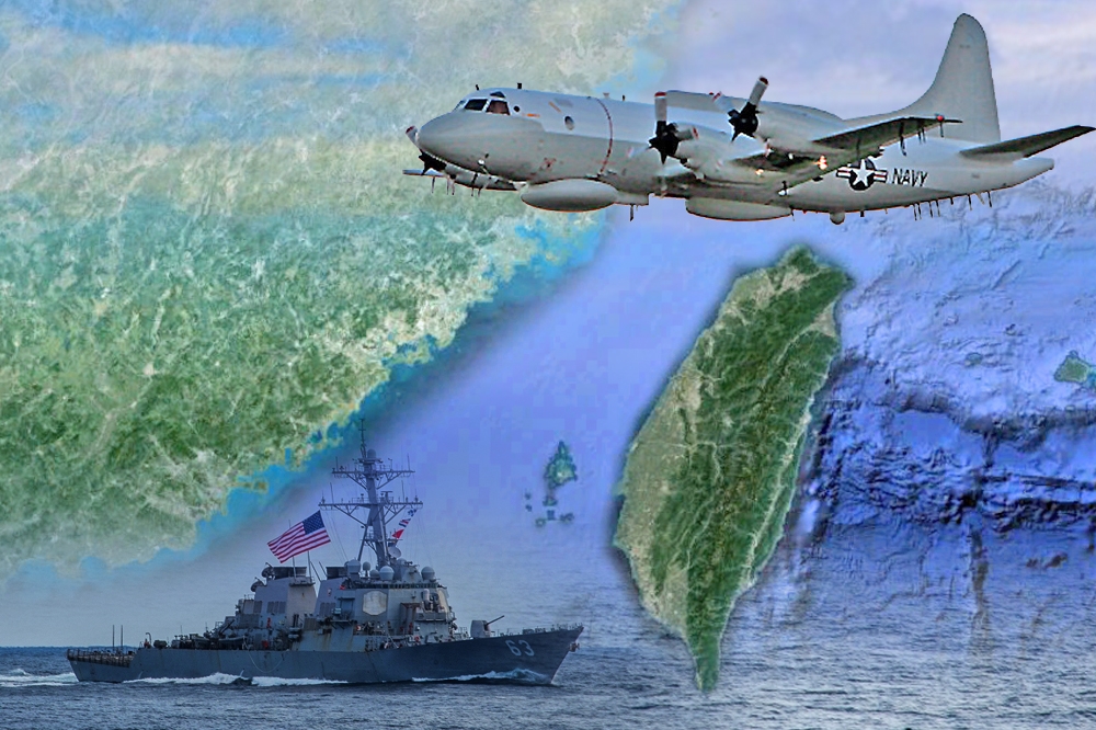 解放軍軍機編隊在2月9日、10日藉由「遠海長訓」操演進行繞台，同時間美海軍在台灣周邊台海域執行海空巡弋任務，左下為伯克級神盾驅逐艦史塔森號（DDG-63），右上為EP-3E電子偵察機型。（畫面合成/湯森路透、維基百科）