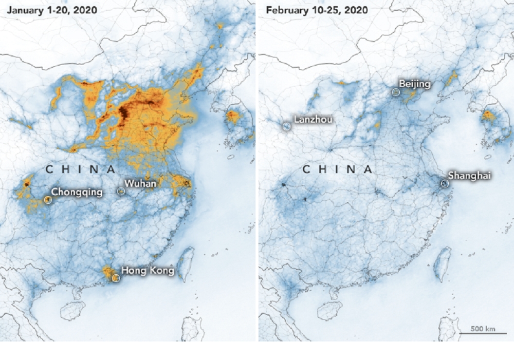 中國上空二氧化氮的空照圖。（取自NASA）