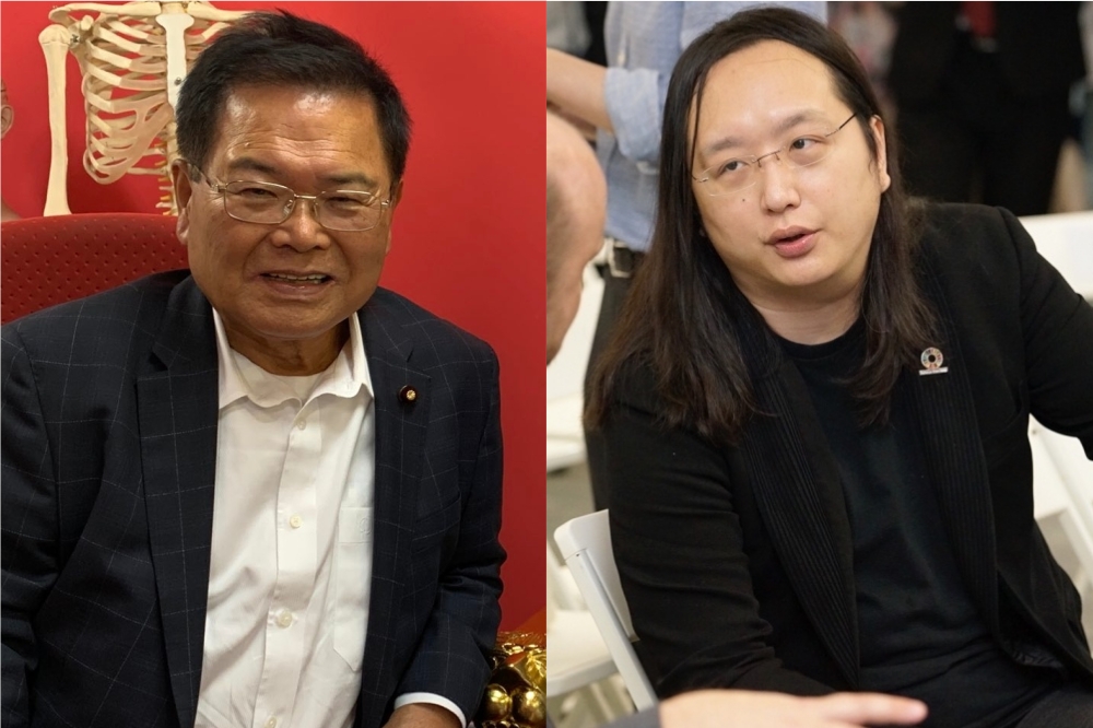日本議員舉台灣數位政委唐鳳（右）善用科技防疫為例，抨擊IT大臣竹本直一（左）毫無作為。（取自推特、資料照片／李景濤攝）