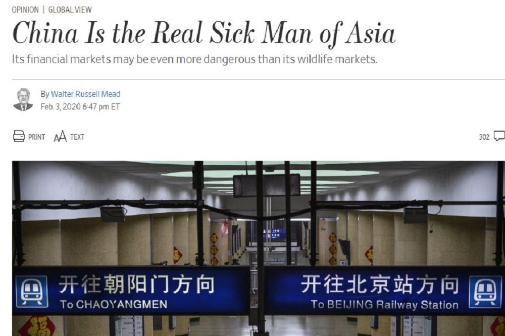 華爾街日報一篇標題為《中國是真正的亞洲病夫》專欄，在中文資訊圈掀起如此大的輿論風暴，不得不讓人思索玻璃心迷思的病理。（圖片擷取自華爾街日報網路版）