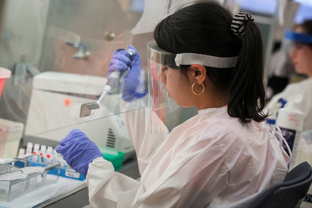 美國研究團隊在實驗室中檢測病毒樣本。（湯森路透）