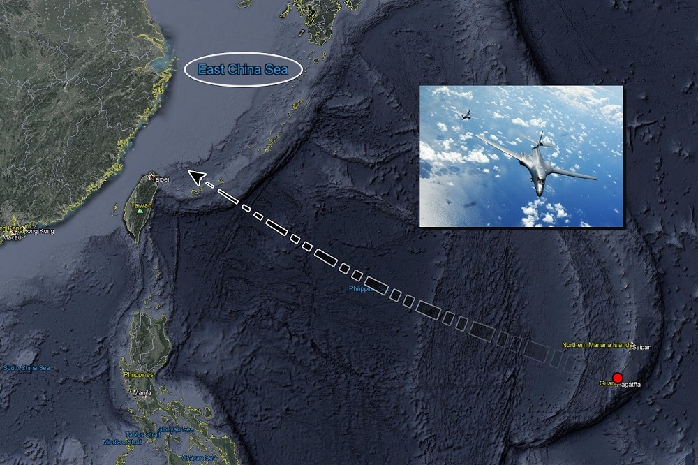 2架美軍B-1B轟炸機4日離開關島安德森空軍基地，前往中國東海執行任務，途中飛行掠過台灣東北方海域。（取自「飛機守望」Aircraft Spots推特）