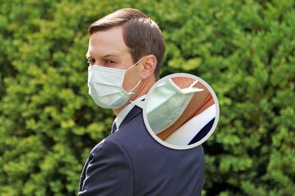 白宮資深顧問庫許納（Jared Kushner）戴著印有「Made in Taiwan」字樣的醫療口罩。（湯森路透）