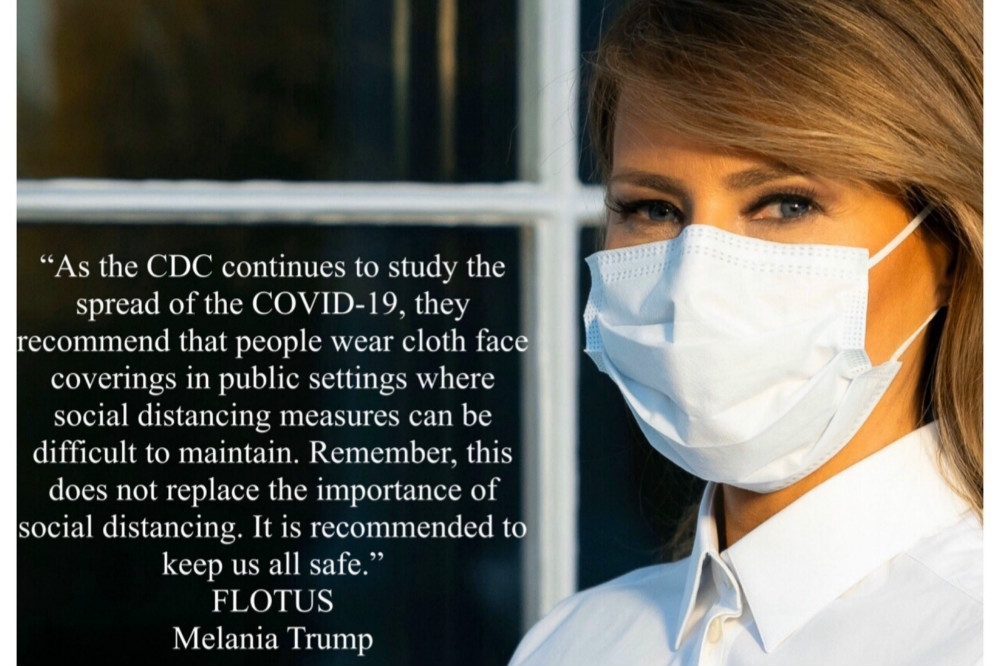 美國第一夫人梅蘭妮亞（Melania Trump）曾在推特呼籲民眾遵照防疫單位的指導原則，在公共場合可戴口罩。（美國第一夫人梅蘭妮亞／圖片取自梅蘭妮亞推特）