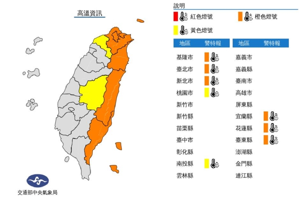 中央氣象局23日針對台北市等8線市發布高溫特報，其中台北市盆地、花蓮縣縱谷恐飆破38度。（取自中央氣象局網站）