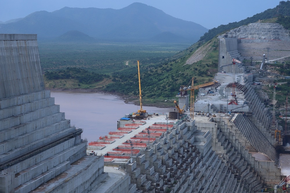 2019年興建中的衣索比亞復興大壩。（湯森路透）