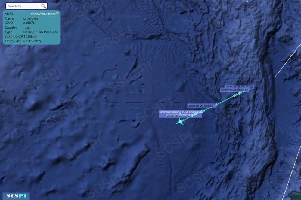 中國北大海洋戰略研究中心成立平台「南海戰略態勢感知」計畫，最近在推特頻發美軍機艦動態，動機令人好奇。圖顯示截至6月29日，2 P-8As和1 C-40A飛行路線在南海有4架偵察機在運行。（取自SCSProbing Initiative推特）


