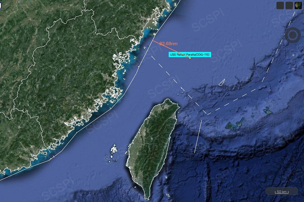 美艦「裴拉塔號」（USS Rafael Peralta DDG-115）正於東海巡弋，10日現蹤台灣北端海域。（取自SCS Probing Initiative推特）