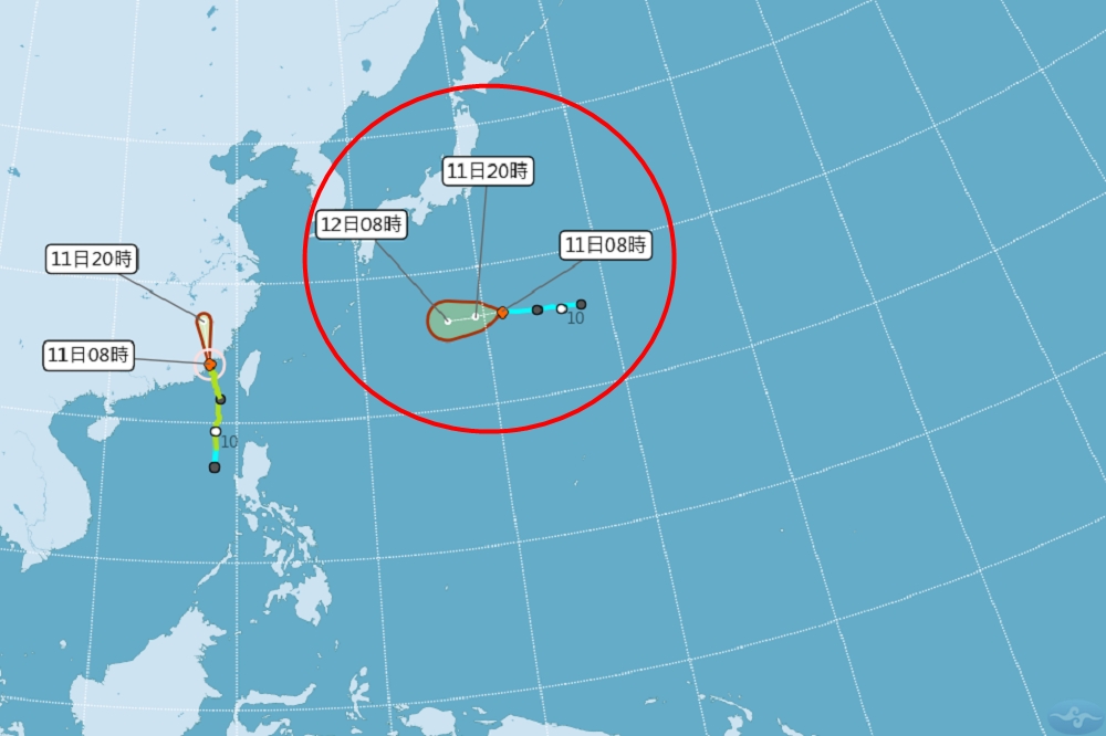 日本南方海面出現熱帶性低氣壓TD08（紅圈處），有機會變今年第7號颱風「無花果」？對此，氣象局表示還要持續觀察。（中央氣象局提供）