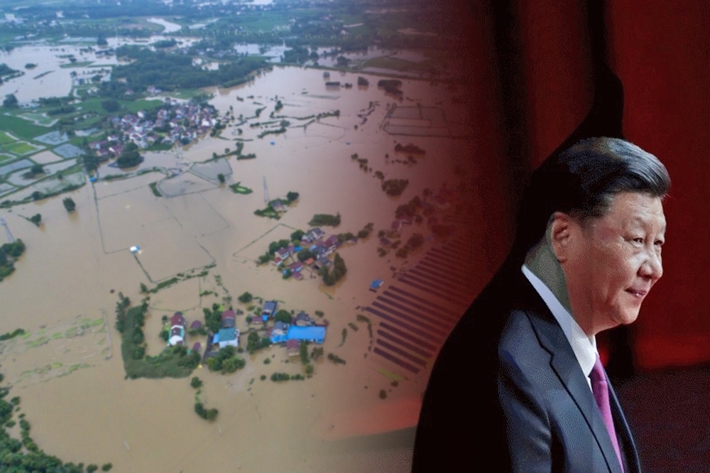 中國長江洪災經歷已一個多月，習近平遲未現身災區視察，引黨內質疑。圖為中國安徽省水患情況。（畫面合成／湯森路透）