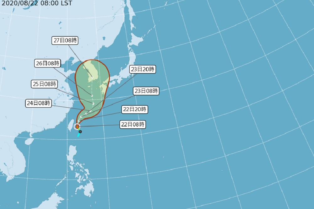 位於台灣東南方海面的熱帶性低氣壓22日上午8點正式增強輕度颱風「巴威」，為2020年編號第8號颱風。（取自中央氣象局）