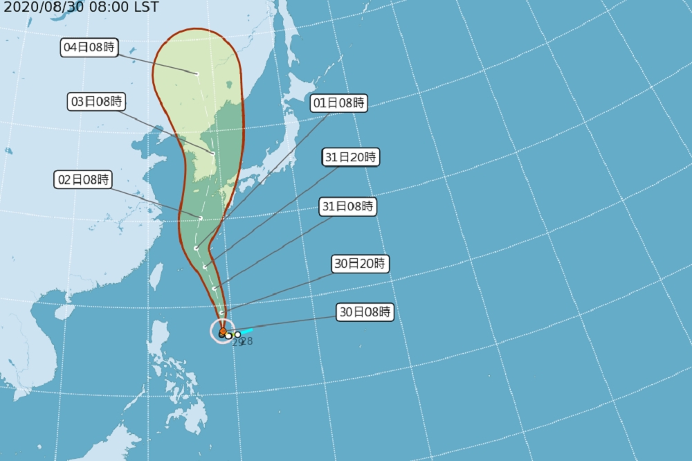 據氣象局30日上午8點資料顯示，梅莎颱風大致通過琉球至宮古島一帶、經東海再轉往韓國方向。（取自中央氣象局）
