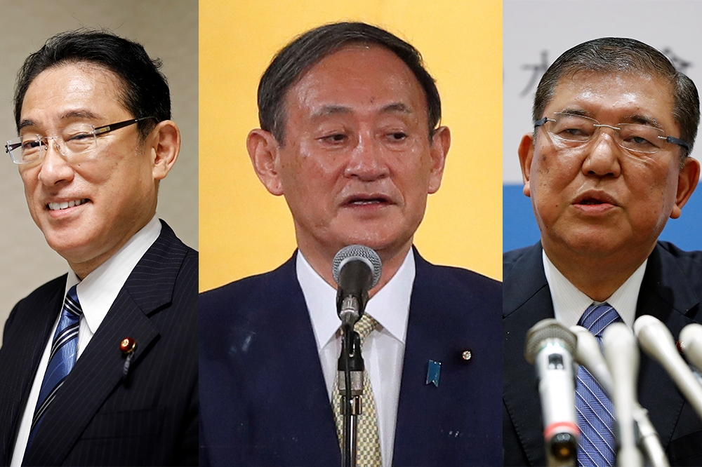 自民黨8日正式接受總裁報名，菅義偉、岸田文雄、石破茂參選。（湯森路透）