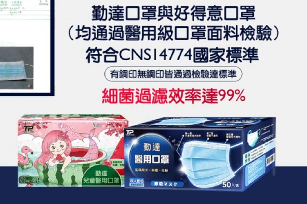 「勤達醫療器材公司」涉嫌進口中國製造的口罩，偽裝成馬來西亞生產後盒裝販售，目前已被要求全面下架禁售。（取自勤達醫療器材公司官網）