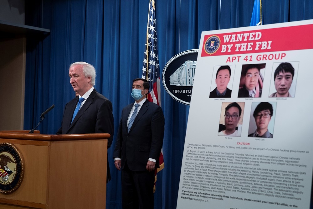 中國駭客蔣立志、錢川、付強、張浩然與譚戴林遭到美國司法部起訴。（湯森路透）