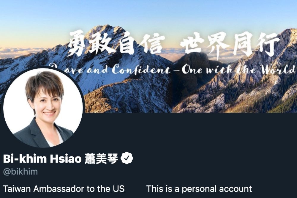 我國駐美代表蕭美琴的推特簡介變更為「台灣駐美大使」（Taiwan Ambassador to the US）。（截取自蕭美琴推特）