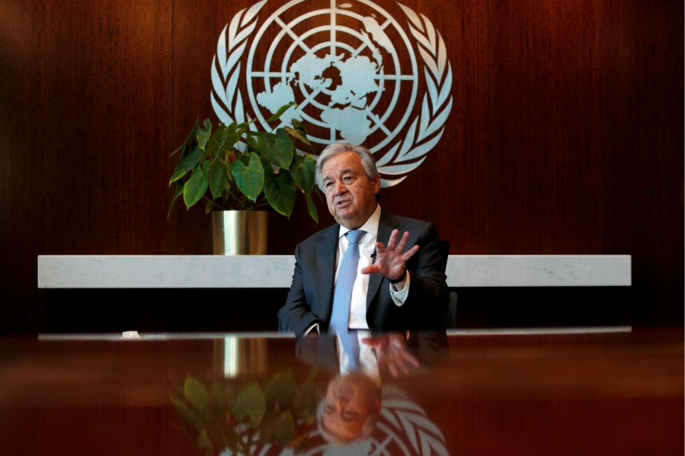 現任聯合國秘書長古特瑞斯在紐約總部受訪。（湯森路透）