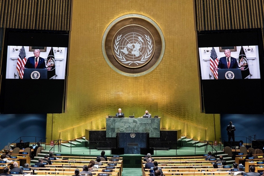 川普22日在聯合國怒轟中國防疫疏失。（湯森路透）