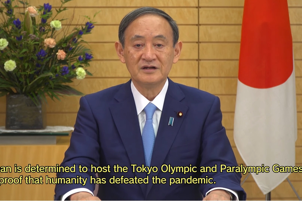 菅義偉保證日本會在2021年舉辦奧運。（擷取自日本外務省YouTube頻道）