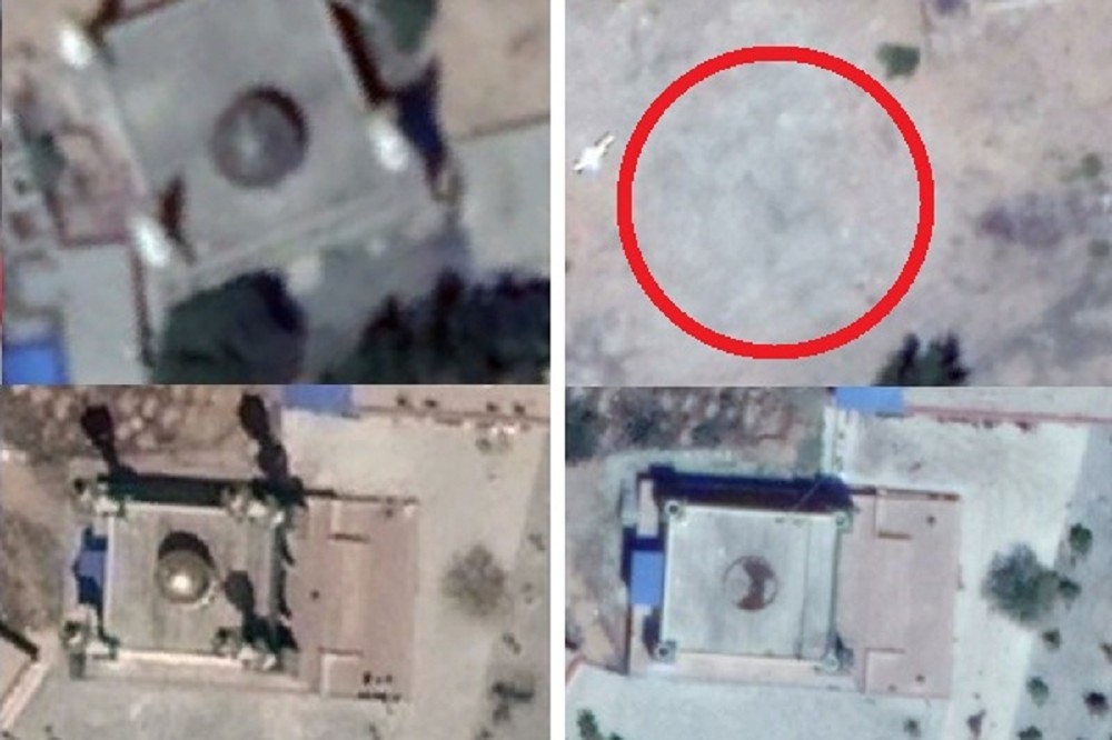 2016年的新疆清真寺（上），在2018年（下）遭受損害。（擷取自Google Earth）