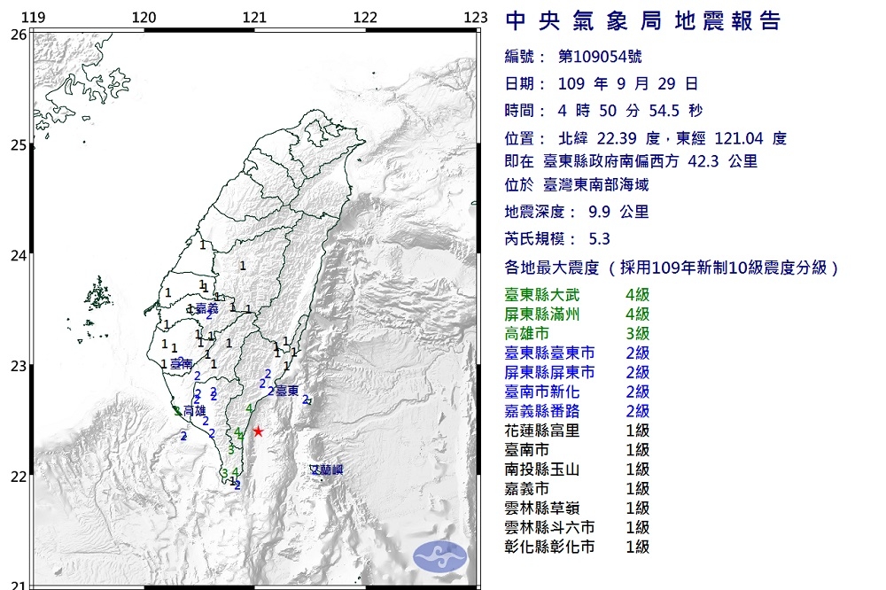第2起地震發生於4點50分，芮氏規模5.3，地震深度9.9公里，震央位在臺東縣政府南偏西方 42.3 公里，最大震度4級在台東，高雄最大震度3級，台南、嘉義震度2級。（取自中央氣象局）