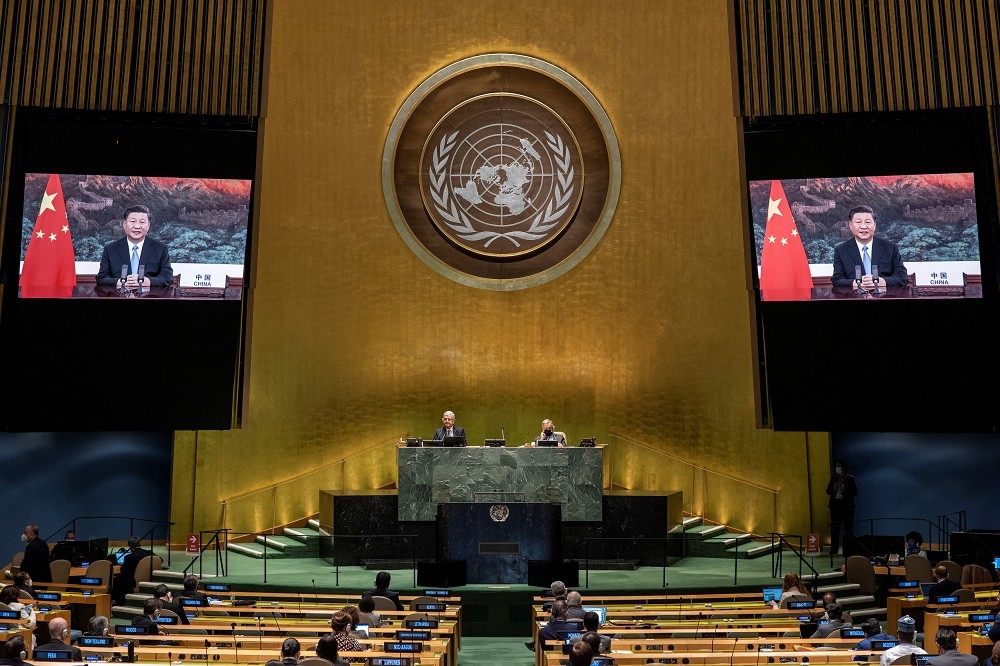 中國國家主席習近平在九月對聯合國以影片方式發表演說。（湯森路透）
