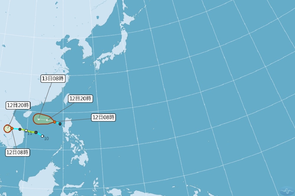 位在南海的熱帶性低氣壓TD18（右）有機會在12日生成為颱風「南卡」。（中央氣象局提供）