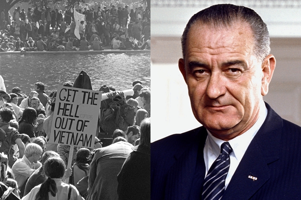 第37任美國總統林登詹森（右）因為越戰而失去民心，左為1967年五角大廈門口的反戰示威者（圖片取自維基百科）
