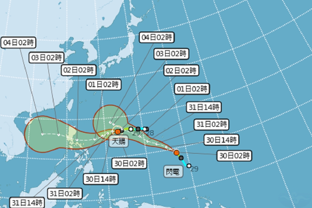 第20號颱風「閃電」29日晚上8點生成，未來5天閃電颱風朝西北西前進。（取自中央氣象局）