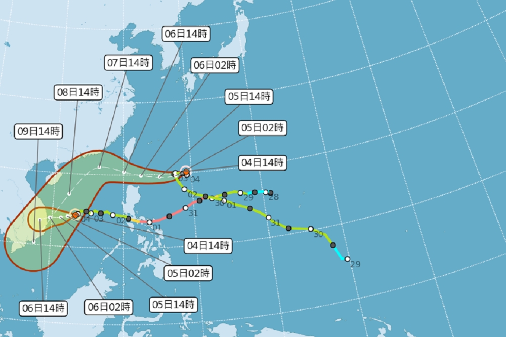 中央氣象局表示，颱風將在4日晚上進入巴士海峽，6日將是最受雨勢影響時刻，強度預估可達輕颱上限。（中央氣象局提供）