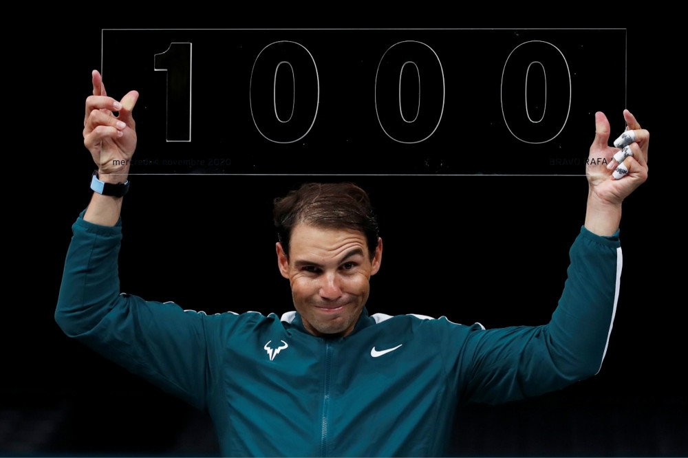 西班牙網球名將納達爾跨越生涯1000場勝利紀錄。（湯森路透）