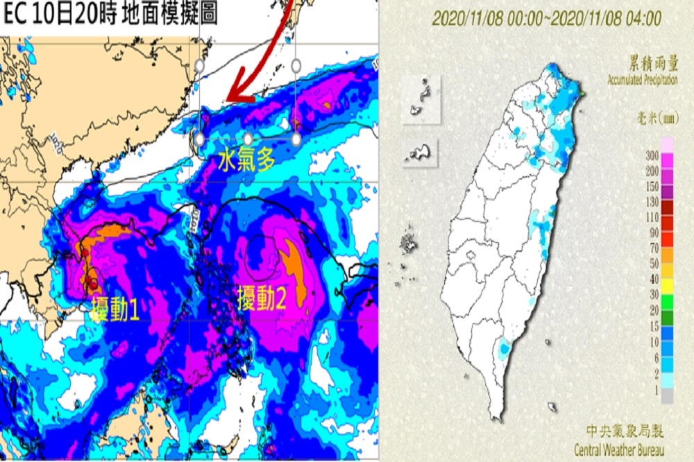 南海、菲律賓東方海面有2個熱帶擾動發展（左），使台灣東方海面有較多水氣，8日桃園以北、東半部有局部雨（右）。（取自「三立準氣象．老大洩天機」專欄）