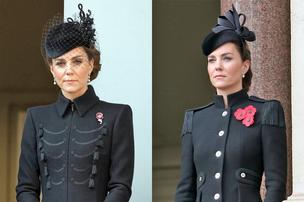 去年（左）與今年一樣是軍裝風，但凱特王妃就是能在細節處穿出不同的優雅。（湯森路透）