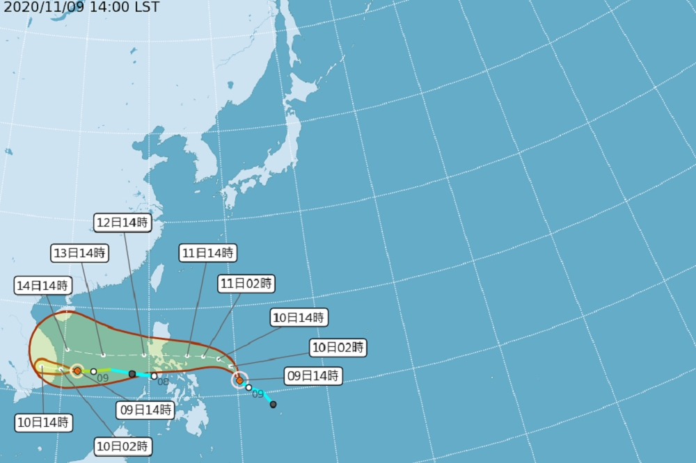 2020年第22號颱風梵高（VAMCO）於9日下午2點發展為輕度颱風，對台灣地區無直接影響。（取自中央氣象局）