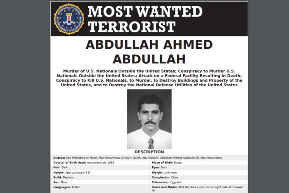 美國聯邦調查局「最想捉拿的恐怖份子」名單之一、基地組織二號人物阿布杜拉。（圖片擷取自FBI官網）