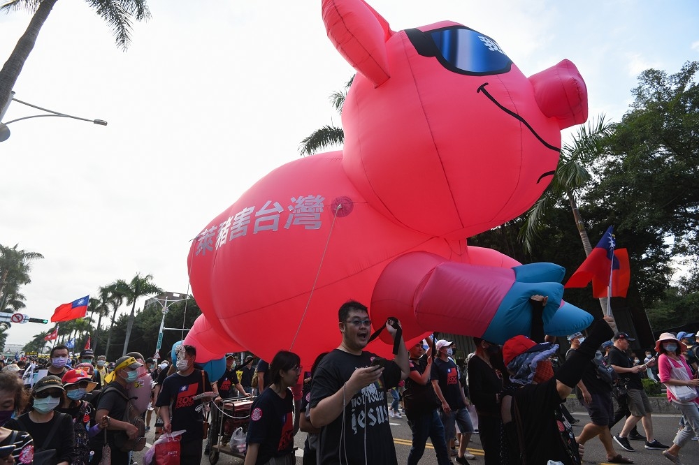 據台灣民意基金會最新民調顯示，有高達67%民眾不贊成美萊豬進口政策，圖為秋鬥遊行時，民眾舉起粉紅豬抗議萊豬進口。（蔣銀珊攝）