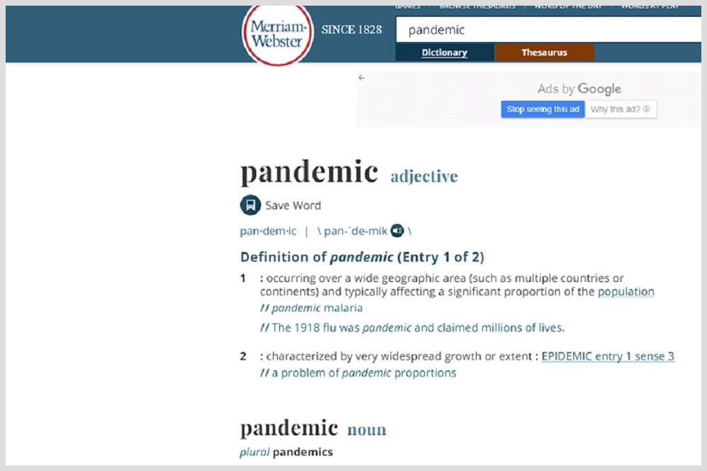 美國權威字典《韋氏字典》（Merriam-Webster）選出「大流行」（pandemic）作為2020年度代表單字。（擷取自merriam-webster網站）